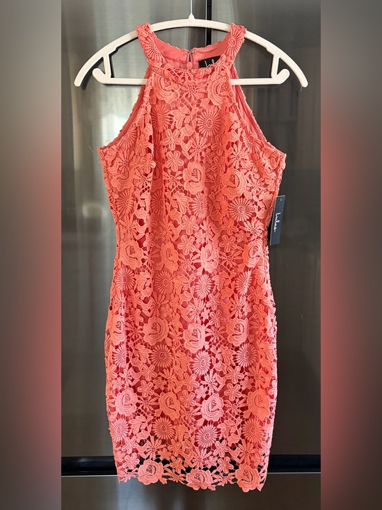 Lulus Dresses & Skirts - NWT Lulus Love Poem Coral/Orange Lace Hi Halter Mini Dress Sz M